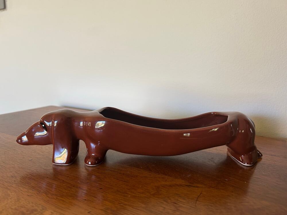 Wiener Dog Cracker Holder Dish | Brown Glazed Dachshund